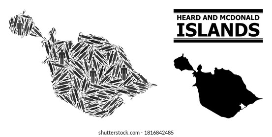 Covid-2019 Treatment mosaic and solid map of Heard and McDonald Islands. Vector map of Heard and McDonald Islands is shaped from vaccine symbols and people figures.