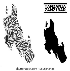 Covid-2019 Treatment mosaic and solid map of Zanzibar Island. Vector map of Zanzibar Island is designed of syringes and human figures. Abstraction designed for medical alerts.