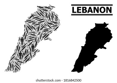 Covid-2019 Treatment mosaic and solid map of Lebanon. Vector map of Lebanon is formed from inoculation icons and people figures. Template for quarantine templates. Final win over Covid-2019.