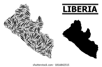Covid-2019 Treatment mosaic and solid map of Liberia. Vector map of Liberia is composed from injection needles and people figures. Collage is useful for treatment templates.