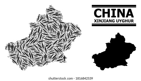 Covid-2019 Treatment mosaic and solid map of Xinjiang Uyghur Region. Vector map of Xinjiang Uyghur Region is composed with injection needles and people figures.