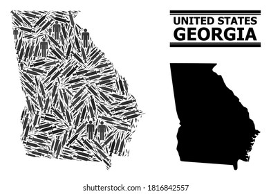 Covid-2019 Treatment mosaic and solid map of Georgia State. Vector map of Georgia State is created from vaccine symbols and men figures. Illustration is useful for outbreak posters.