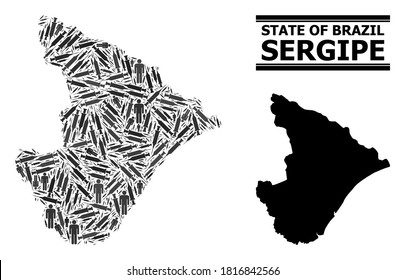 Covid-2019 Treatment mosaic and solid map of Sergipe State. Vector map of Sergipe State is designed from vaccine symbols and people figures. Illustration is useful for isolation purposes.