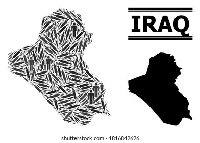 Covid-2019 Treatment mosaic and solid map of Iraq. Vector map of Iraq is constructed of injection needles and men figures. Template is useful for treatment posters. Final solution over Covid-2019.
