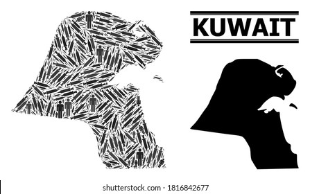 Covid-2019 Treatment mosaic and solid map of Kuwait. Vector map of Kuwait is organized from vaccine doses and men figures. Illustration is useful for pandemic aims. Final win over Covid-2019.