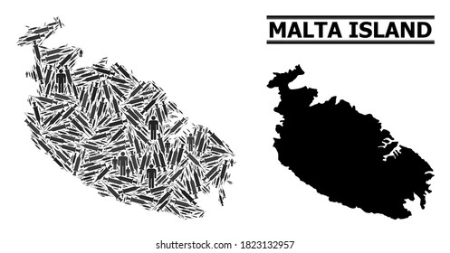 Covid-2019 Treatment mosaic and solid map of Malta Island. Vector map of Malta Island is created with injection needles and human figures. Template is useful for safety ads.