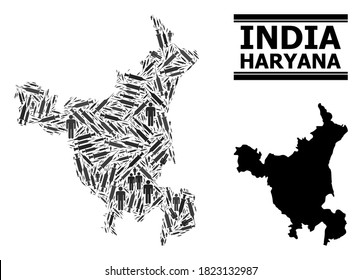 Covid-2019 Treatment mosaic and solid map of Haryana State. Vector map of Haryana State is designed from inoculation icons and people figures. Illustration is useful for isolation alerts.