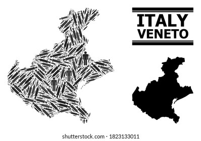 Covid-2019 Treatment mosaic and solid map of Veneto region. Vector map of Veneto region is done with inoculation icons and human figures. Illustration is useful for safety aims.