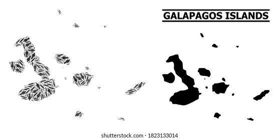 Covid-2019 Treatment mosaic and solid map of Galapagos Islands. Vector map of Galapagos Islands is done from vaccine doses and human figures. Illustration for medical ads. Final win over Covid-2019.