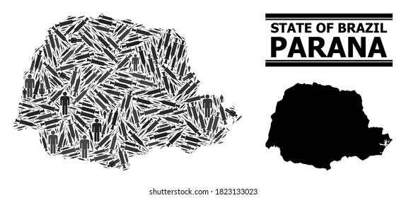 Covid-2019 Treatment mosaic and solid map of Parana State. Vector map of Parana State is formed of syringes and people figures. Collage for medical posters. Final win over Covid-2019.