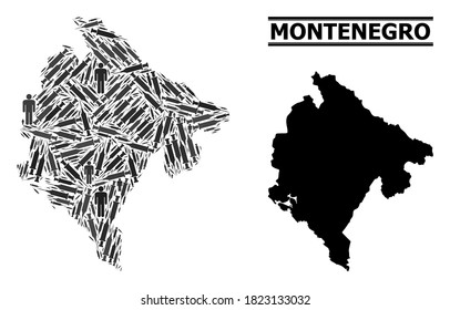 Covid-2019 Treatment mosaic and solid map of Montenegro. Vector map of Montenegro is shaped with vaccine doses and human figures. Illustration designed for medical templates.