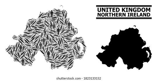 Covid-2019 Treatment mosaic and solid map of Northern Ireland. Vector map of Northern Ireland is designed of syringes and people figures. Collage designed for health care templates.