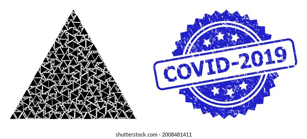 Covid-2019 unclean seal and vector recursive mosaic filled triangle. Blue seal includes Covid-2019 caption inside rosette. Vector collage is constructed with recursive rotated filled triangle icons.