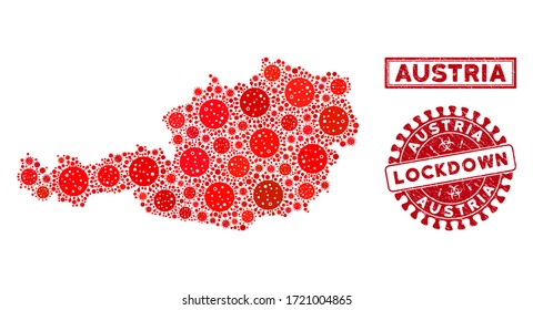Covid-2019 virus collage Austria map and seal stamps. Red rounded lockdown distress seal. Vector covid infection items are composed into mosaic Austria map. Vector collage for safety,