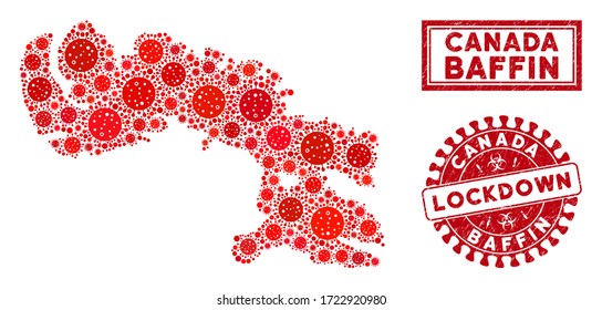 Covid-2019 virus collage Baffin Island map and seal stamps. Red round lockdown grunge stamp. Vector coronavirus viral icons are combined into collage Baffin Island map. Vector collage for lockdown,