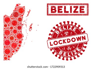 Covid-2019 virus collage Belize map and seal stamps. Red round lockdown scratched watermark. Vector covid pathogen items are grouped into collage Belize map. Vector composition for lockdown,