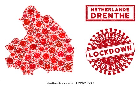 Covid-2019 virus collage Drenthe Province map and seal stamps. Red rounded lockdown scratched seal. Vector covid infection items are composed into composition Drenthe Province map.