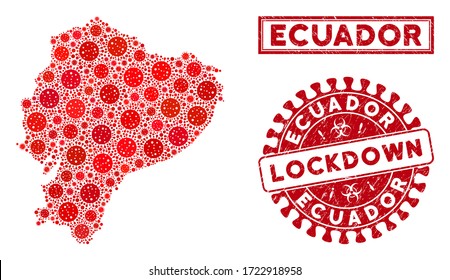 Covid-2019 virus collage Ecuador map and rubber prints. Red round lockdown distress watermark. Vector covid pathogen items are united into collage Ecuador map. Vector composition for lockdown,