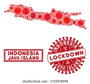 Covid-2019 virus collage Java Island map and seals. Red round lockdown scratched watermark. Vector covid infection items are arranged into collage Java Island map. Vector composition for lockdown,