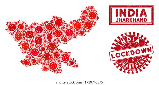 Covid-2019 virus collage Jharkhand State map and stamps. Red rounded lockdown textured seal. Vector covid viral icons are united into composition Jharkhand State map. Vector composition for lockdown,
