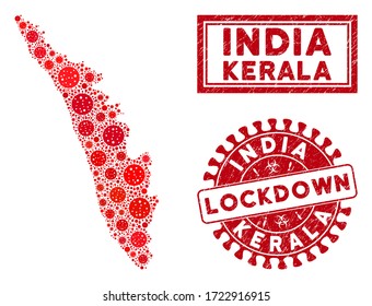 Covid-2019 virus collage Kerala State map and seals. Red round lockdown distress stamp. Vector covid infection icons are united into mosaic Kerala State map. Vector collage for outbreak,