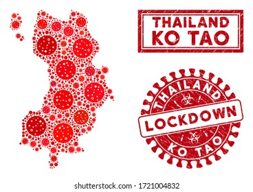Covid-2019 virus collage Ko Tao map and watermarks. Red rounded lockdown textured seal stamp. Vector covid pathogen icons are combined into mosaic Ko Tao map. Vector collage for medical,