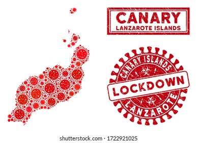 Covid-2019 virus collage Lanzarote Islands map and seal stamps. Red rounded lockdown distress stamp. Vector covid viral elements are united into collage Lanzarote Islands map.
