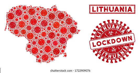 Covid-2019 virus collage Lithuania map and seal stamps. Red rounded lockdown distress seal. Vector covid pathogen elements are united into collage Lithuania map. Vector combination for epidemic,