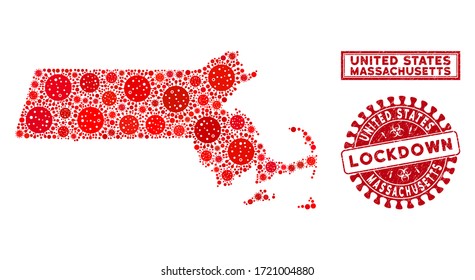 Covid-2019 virus collage Massachusetts State map and seal stamps. Red rounded lockdown distress seal stamp. Vector covid viral icons are organized into mosaic Massachusetts State map.