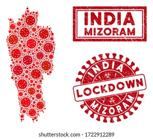 Covid-2019 virus collage Mizoram State map and watermarks. Red rounded lockdown grunge seal stamp. Vector covid pathogen items are grouped into illustration Mizoram State map.