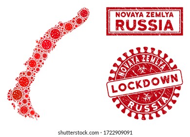 Covid-2019 virus collage Novaya Zemlya Islands map and watermarks. Red rounded lockdown grunge watermark. Vector covid pathogen icons are arranged into collage Novaya Zemlya Islands map.