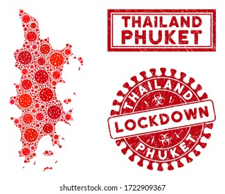 Collage de virus Covid-2019 Mapa de Phuket y sellos de sello. Sello rojo redondeado de cierre. Los iconos del patógeno del coronavirus vectorial se organizan en el mapa de Phuket de collage. Colección de vectores para seguridad,