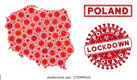 Collage del virus Covid-2019 Polonia cartografía y sellos de sello. Sello rayado de cierre rojo redondeado. Las partes de la infección de los vectores se organizan en el mapa de la composición de Polonia. Colector de vectores para aislamiento,