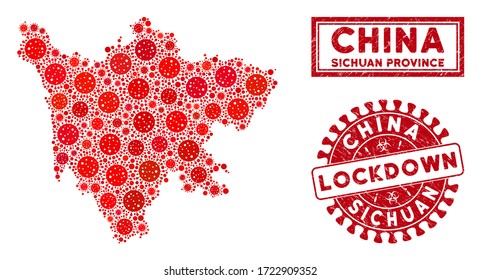 Covid-2019 virus collage Sichuan Province map and seal stamps. Red rounded lockdown scratched watermark. Vector covid infection elements are composed into mosaic Sichuan Province map.