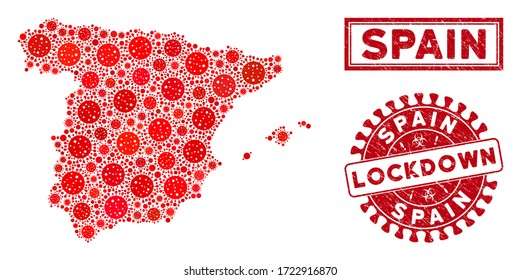Covid-2019 virus collage Spain map and seal stamps. Red round lockdown textured seal. Vector covid pathogen elements are combined into collage Spain map. Vector collage for medical,