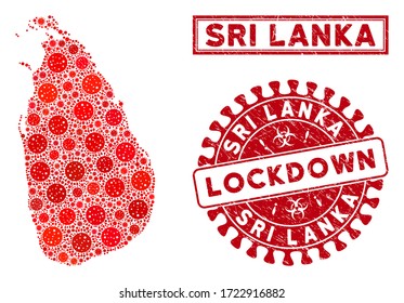 Covid-2019 virus collage Sri Lanka Island map and seals. Red rounded lockdown distress watermark. Vector covid pathogen items are arranged into collage Sri Lanka Island map.