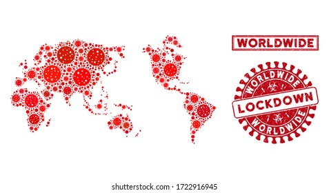 Covid-2019 virus collage worldwide map and rubber prints. Red round lockdown scratched stamp. Vector covid viral items are combined into collage worldwide map. Vector collage for lockdown,