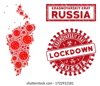 Covid-2019 virus mosaic Krasnoyarskiy Kray map and rubber prints. Red rounded lockdown textured seal. Vector covid viral items are arranged into mosaic Krasnoyarskiy Kray map.