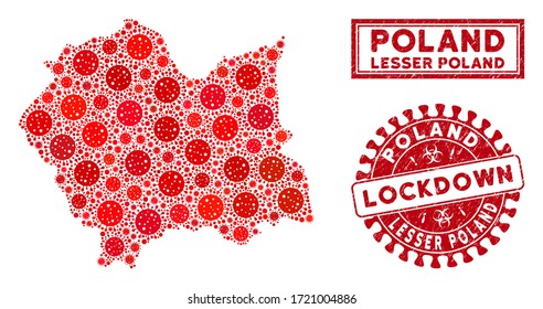 Covid-2019 virus mosaic Lesser Poland Voivodeship map and seal stamps. Red round lockdown textured seal stamp. Vector covid pathogen parts are organized into mosaic Lesser Poland Voivodeship map.