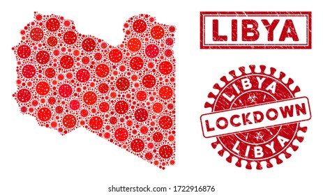 Covid-2019 virus mosaic Libya map and seals. Red rounded lockdown grunge watermark. Vector covid pathogen items are combined into mosaic Libya map. Vector composition for medical,