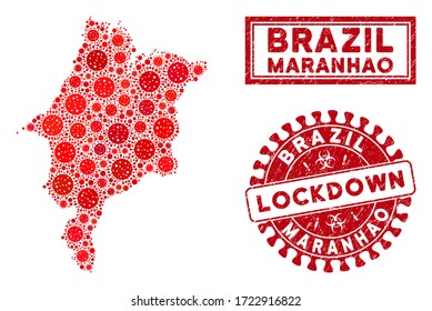 Covid-2019 virus mosaic Maranhao State map and seal stamps. Red rounded lockdown textured watermark. Vector covid viral parts are grouped into mosaic Maranhao State map.