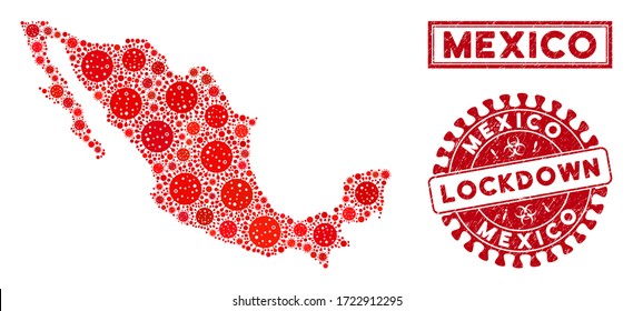 Covid-2019 virus mosaic Mexico map and rubber prints. Red rounded lockdown textured seal. Vector covid pathogen elements are organized into collage Mexico map. Vector collage for health care,