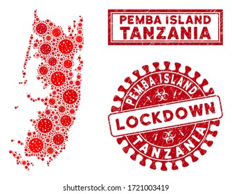 Covid-2019 virus mosaic Pemba island map and rubber prints. Red rounded lockdown grunge watermark. Vector covid viral items are grouped into mosaic Pemba island map. Vector composition for safety,