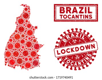 Covid-2019 virus mosaic Tocantins State map and rubber prints. Red round lockdown scratched stamp. Vector covid infection parts are combined into mosaic Tocantins State map.