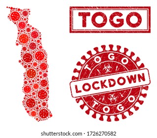 Covid-2019 virus mosaic Togo map and seal stamps. Red round lockdown textured seal stamp. Vector covid viral icons are arranged into composition Togo map. Vector composition for safety,