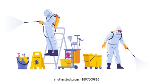 COVID-21 Coronavirus disinfect. Disinfecting workers wear protective masks and spacesuits against pandemic coronavirus or covid-19 sprays. Cartoon style vector illustration isolated background.