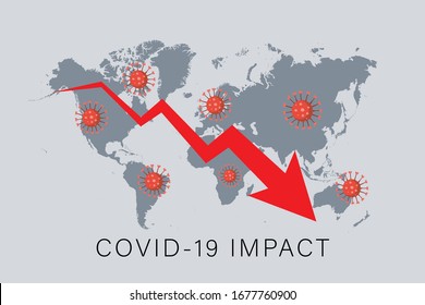 COVID_19 Impact. World map with downward graph. Covid-19 affect the world economy, revenue, tourism, aviation industry, oil and gas and many more.