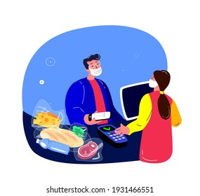 COVID,Coronavirus Epidemic Quarantine.Young Man in Face Mask Shopping in Supermarket.Consumerism, Checkout.Buy Food, Meal, Purchase Meat, Fish, Cheese. Buyer Pay via Terminal. Flat vector illustration