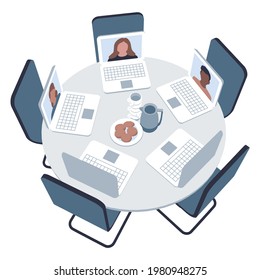 Covid-secure Office Meeting. Visualisation Of A Video Conference Replacing A Physical Meeting In Times Of The Coronavirus.