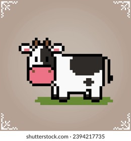 Cow in 8 bit pixel art. Animal for game assets and cross Stitch in vector illustration